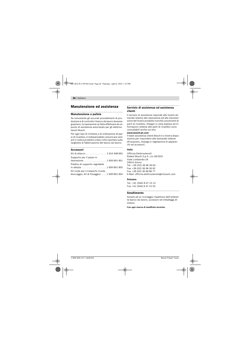 Manutenzione ed assistenza | Bosch GTA 3800 Professional User Manual | Page 46 / 171