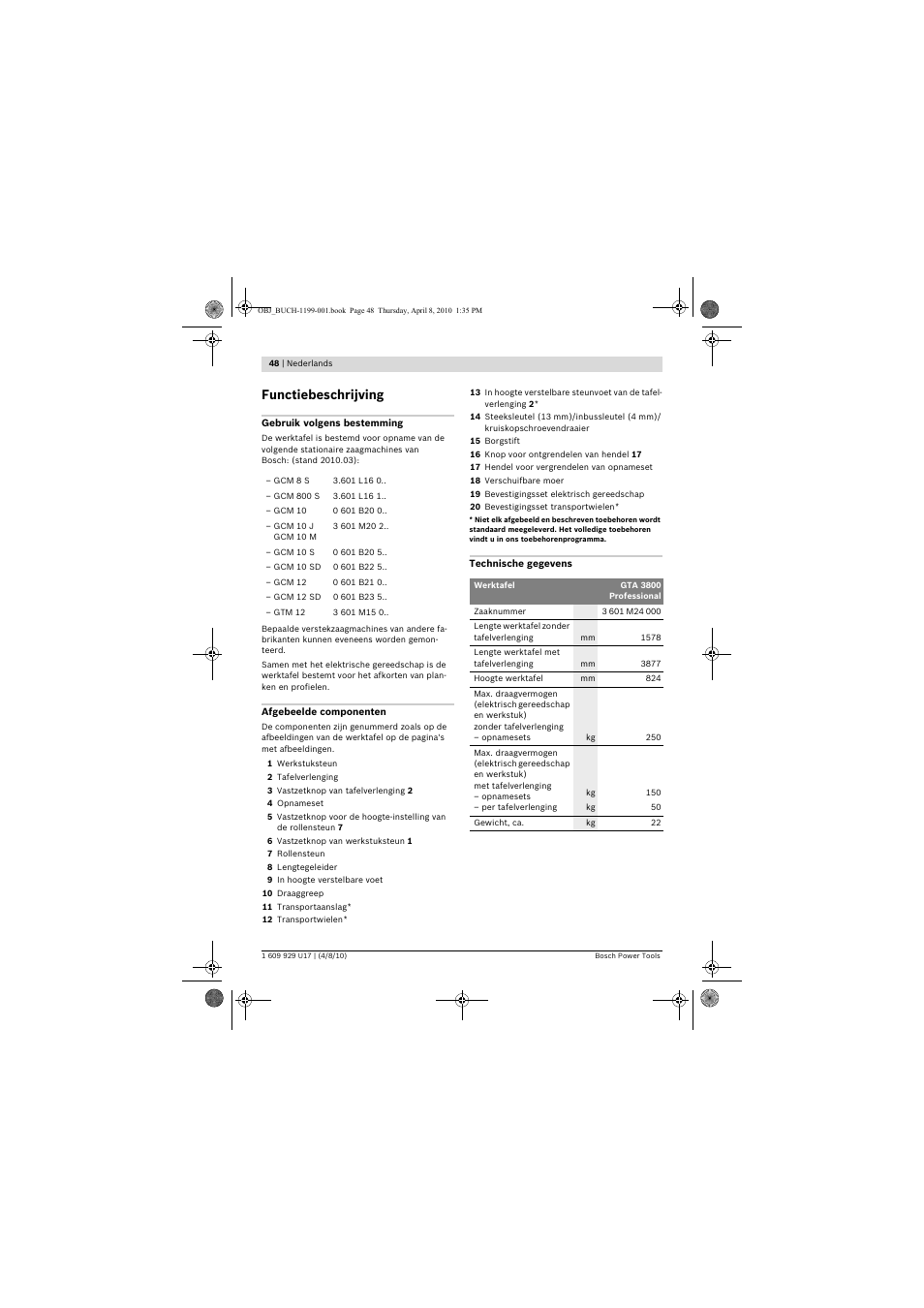 Functiebeschrijving | Bosch GTA 3800 Professional User Manual | Page 48 / 171