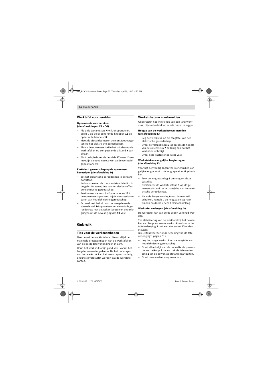 Gebruik | Bosch GTA 3800 Professional User Manual | Page 50 / 171