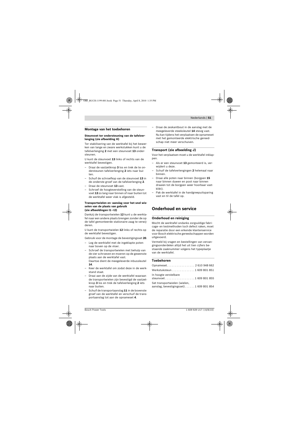 Onderhoud en service | Bosch GTA 3800 Professional User Manual | Page 51 / 171