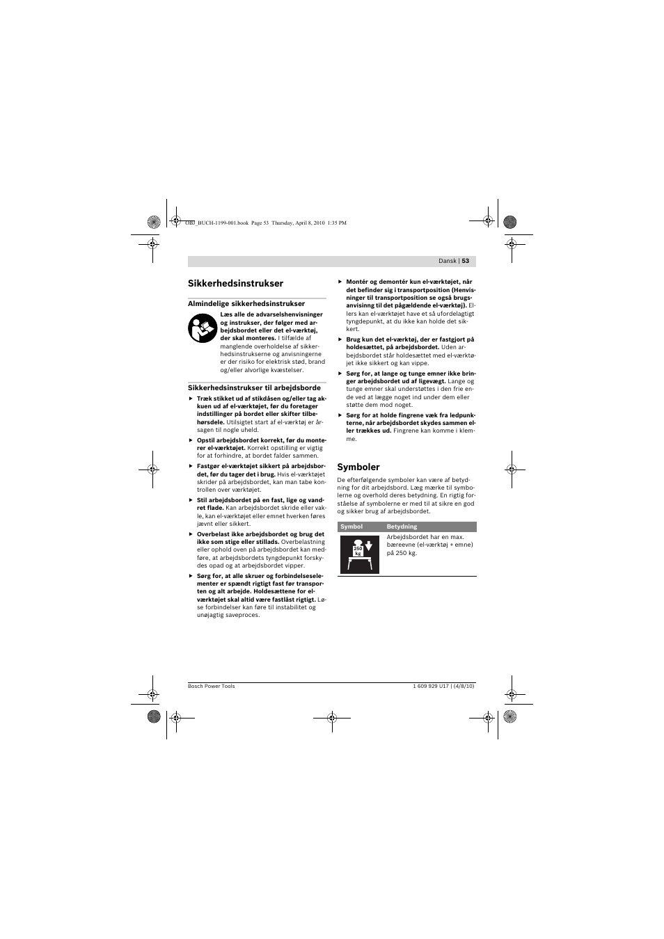 Sikkerhedsinstrukser, Symboler | Bosch GTA 3800 Professional User Manual | Page 53 / 171