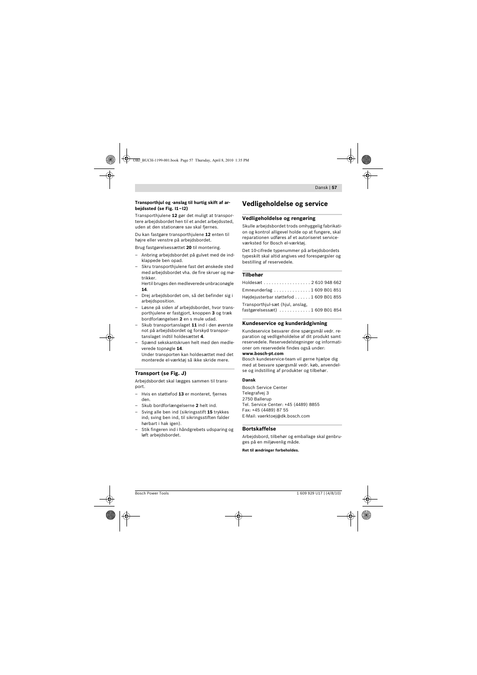 Vedligeholdelse og service | Bosch GTA 3800 Professional User Manual | Page 57 / 171