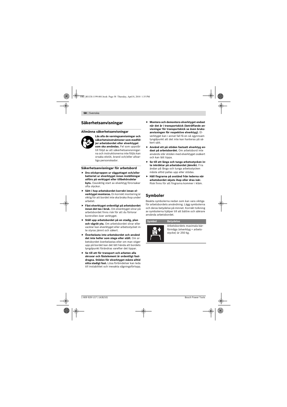 Säkerhetsanvisningar, Symboler | Bosch GTA 3800 Professional User Manual | Page 58 / 171
