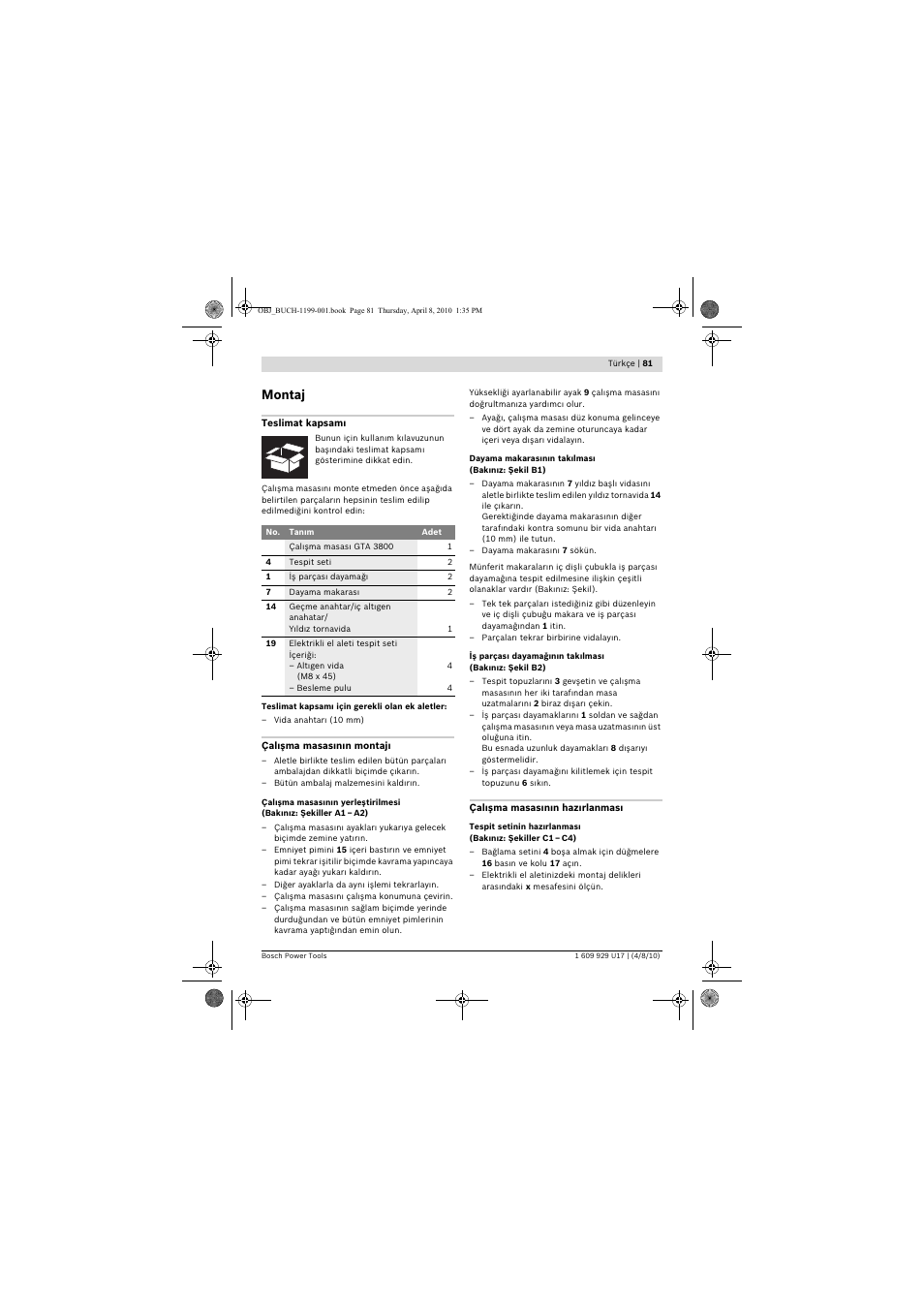 Montaj | Bosch GTA 3800 Professional User Manual | Page 81 / 171