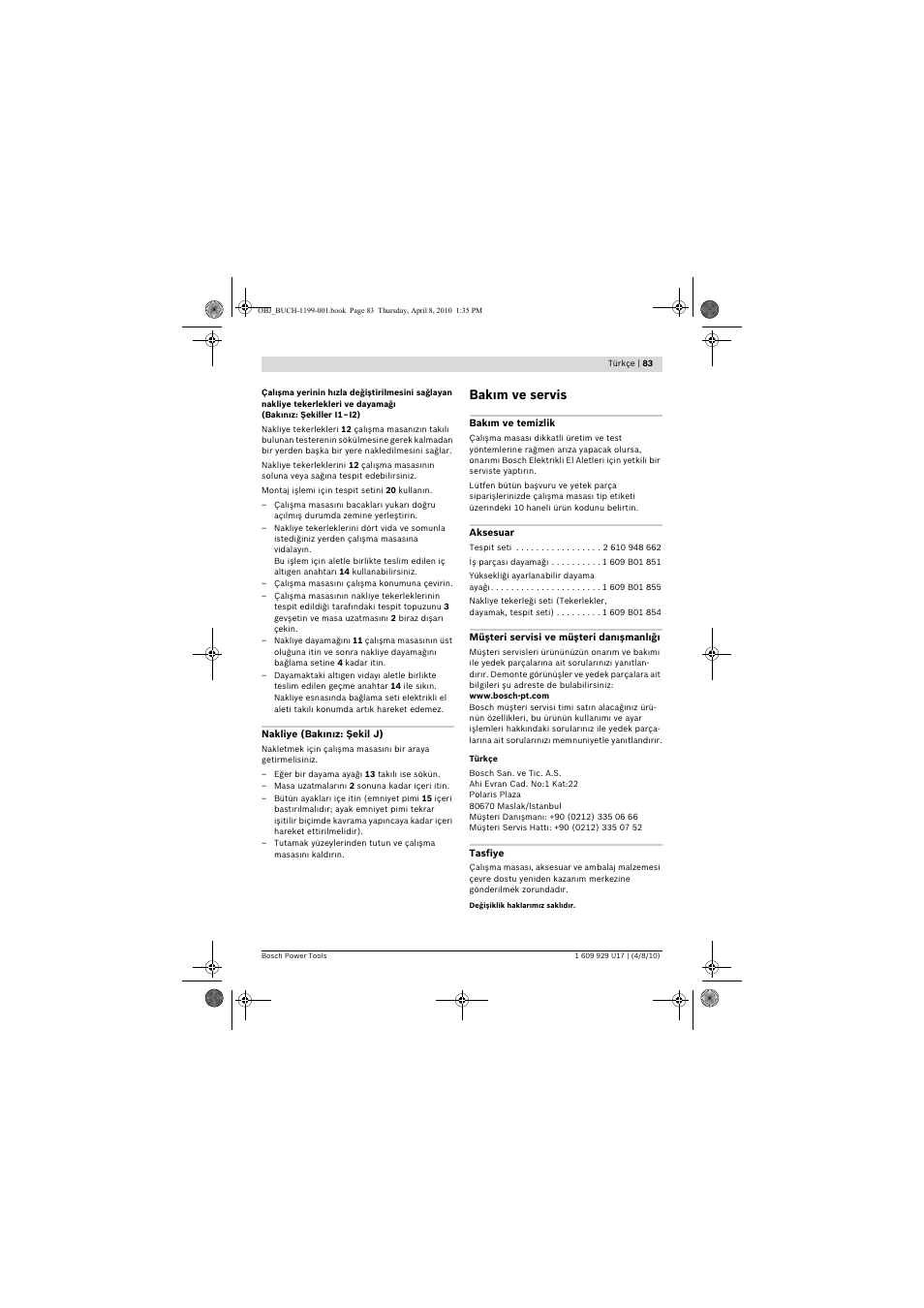 Bak m ve servis | Bosch GTA 3800 Professional User Manual | Page 83 / 171