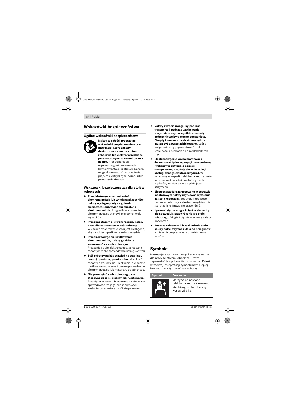 Wskazówki bezpieczeństwa, Symbole | Bosch GTA 3800 Professional User Manual | Page 84 / 171