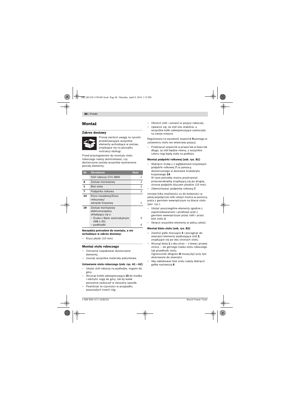 Montaż | Bosch GTA 3800 Professional User Manual | Page 86 / 171