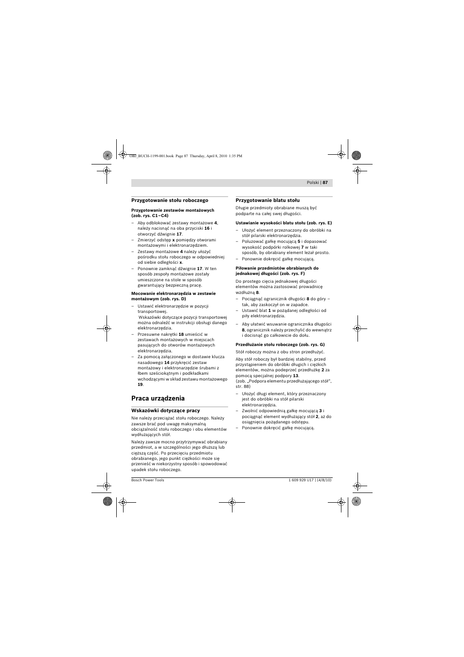 Praca urządzenia | Bosch GTA 3800 Professional User Manual | Page 87 / 171