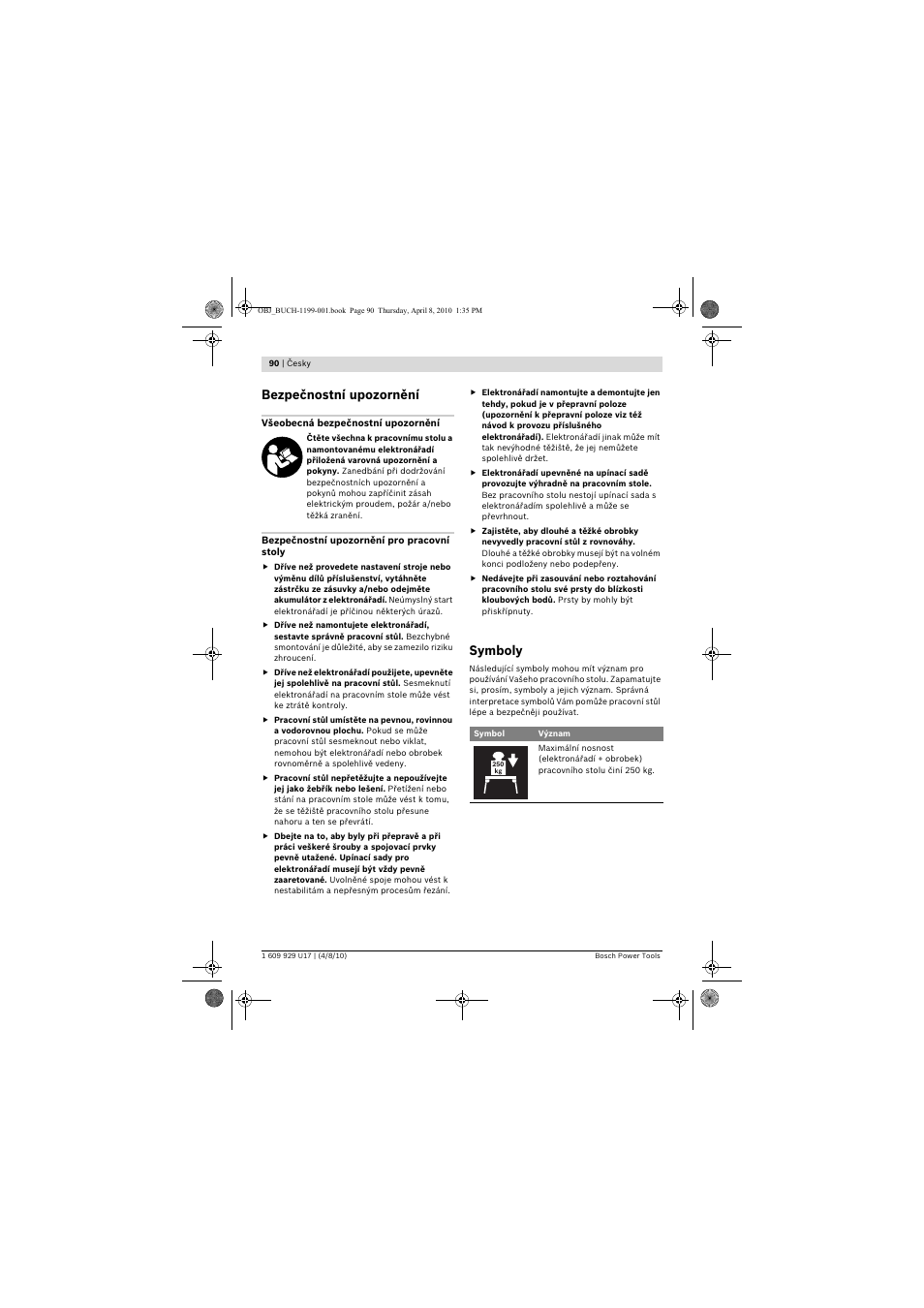 Bezpečnostní upozornění, Symboly | Bosch GTA 3800 Professional User Manual | Page 90 / 171