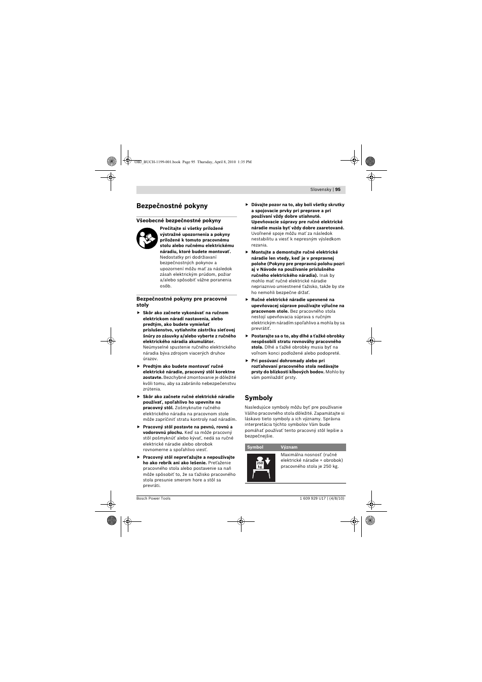 Bezpečnostné pokyny, Symboly | Bosch GTA 3800 Professional User Manual | Page 95 / 171