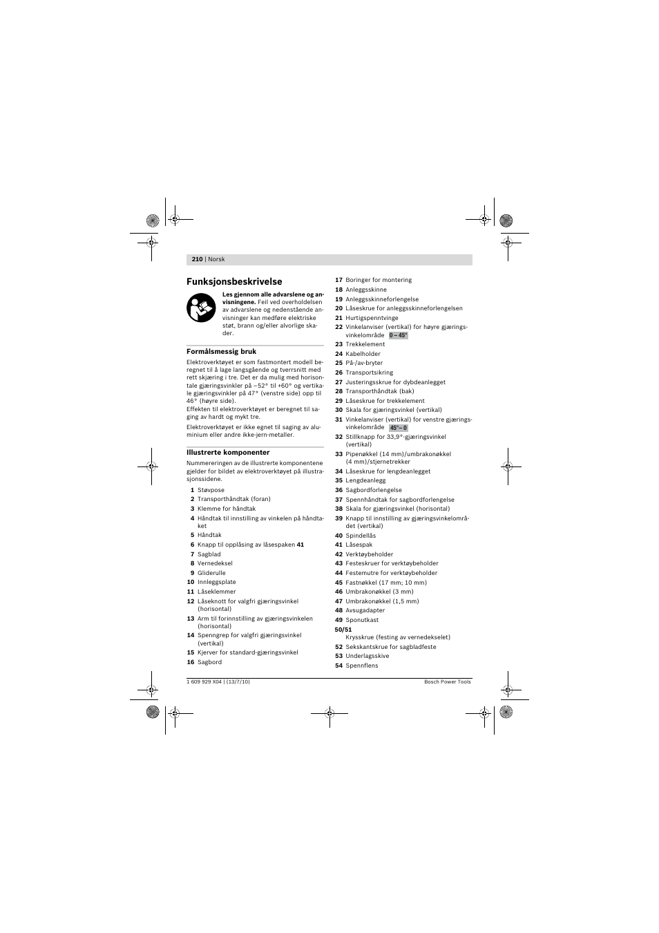 Funksjonsbeskrivelse | Bosch GCM 10 SD Professional User Manual | Page 210 / 630