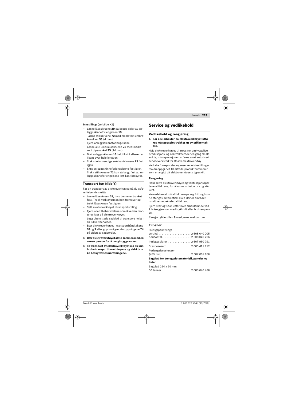 Service og vedlikehold | Bosch GCM 10 SD Professional User Manual | Page 223 / 630