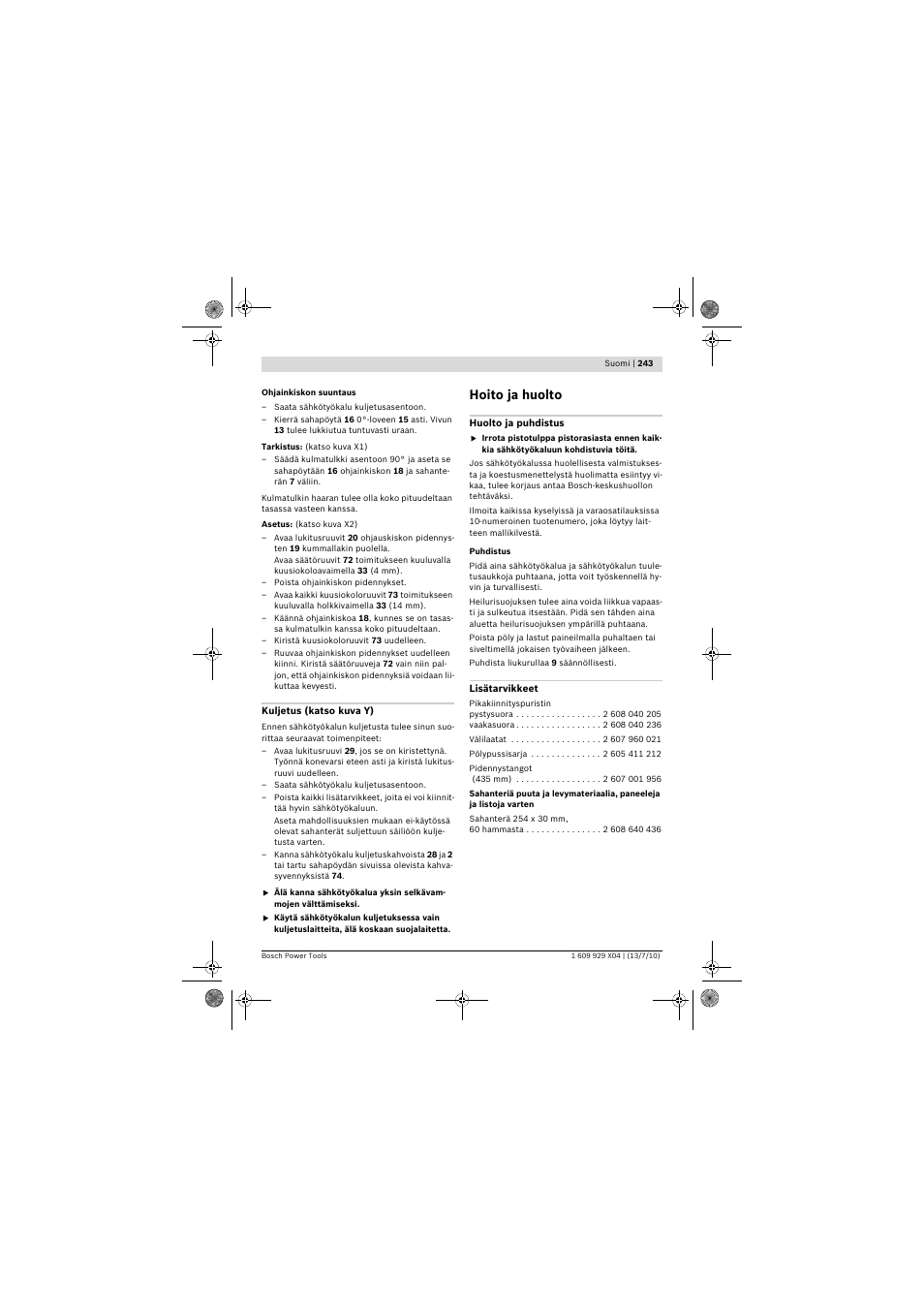 Hoito ja huolto | Bosch GCM 10 SD Professional User Manual | Page 243 / 630