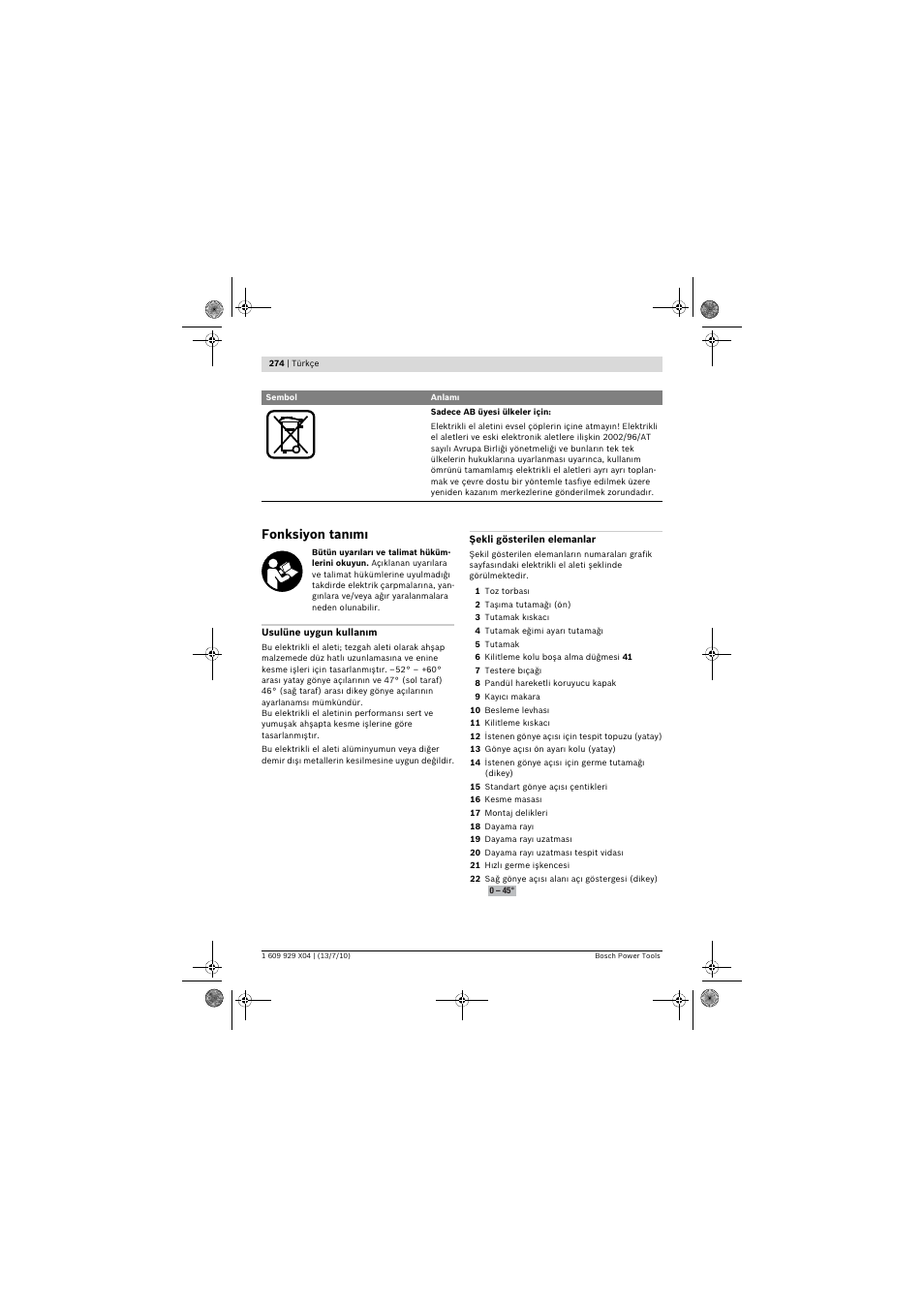 Fonksiyon tan m | Bosch GCM 10 SD Professional User Manual | Page 274 / 630