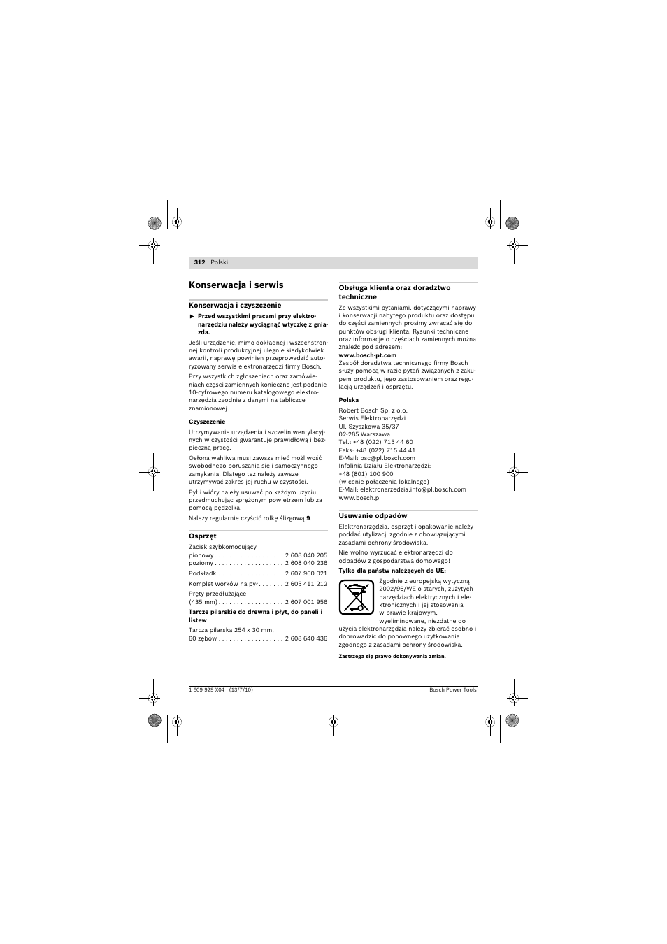 Konserwacja i serwis | Bosch GCM 10 SD Professional User Manual | Page 312 / 630