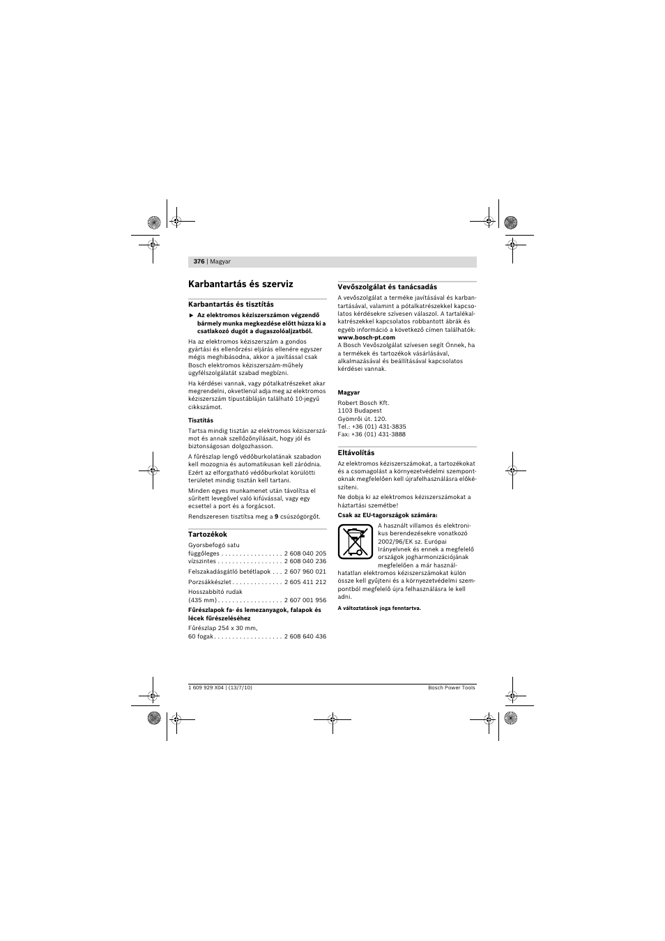 Karbantartás és szerviz | Bosch GCM 10 SD Professional User Manual | Page 376 / 630