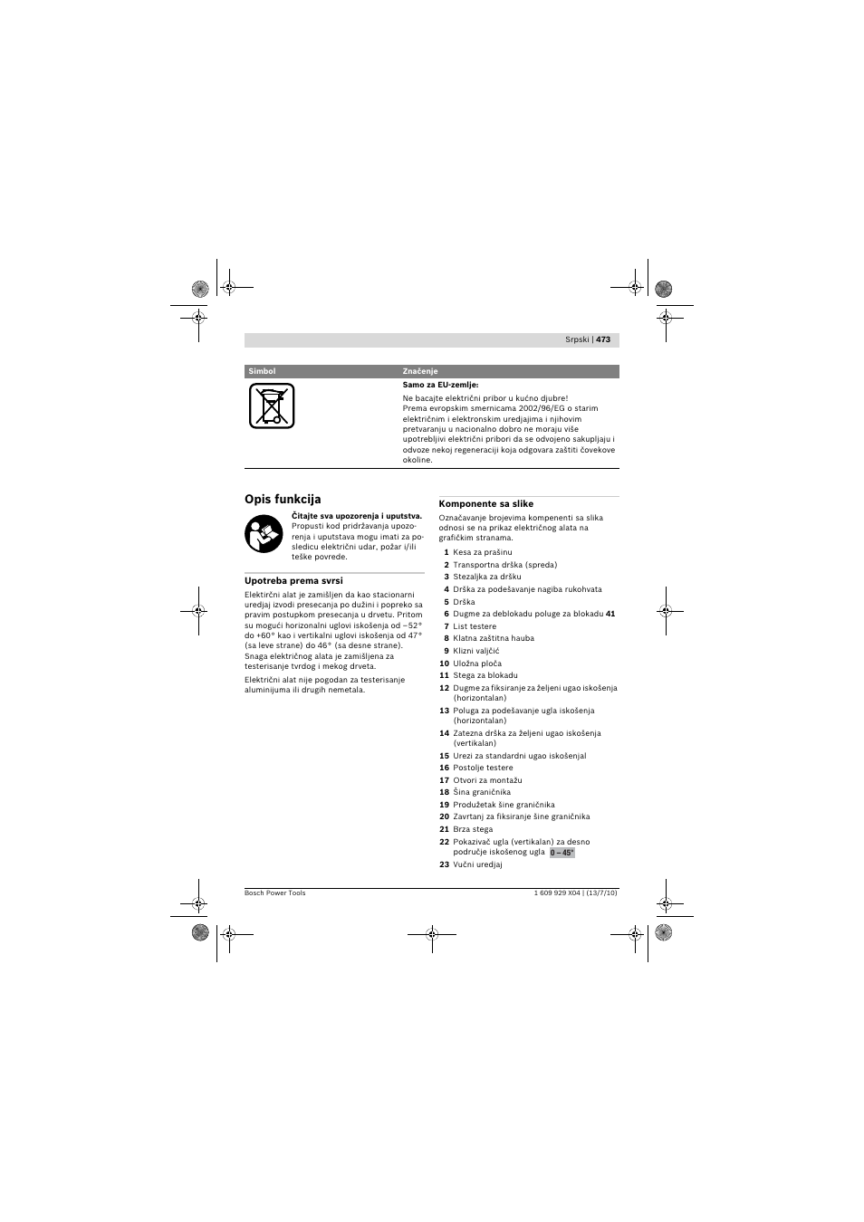 Opis funkcija | Bosch GCM 10 SD Professional User Manual | Page 473 / 630