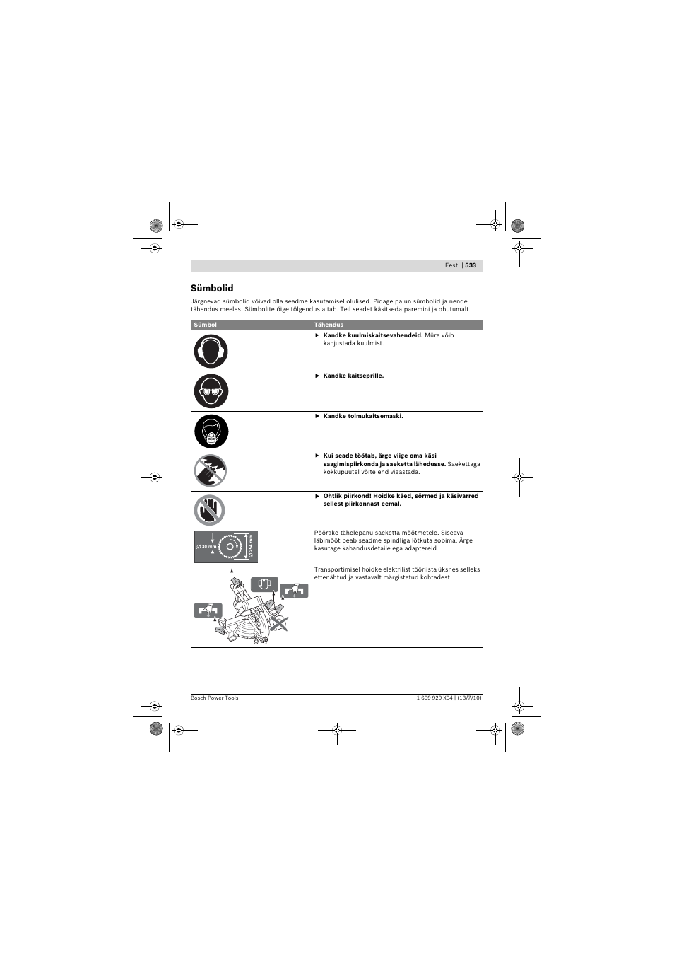 Sümbolid | Bosch GCM 10 SD Professional User Manual | Page 533 / 630