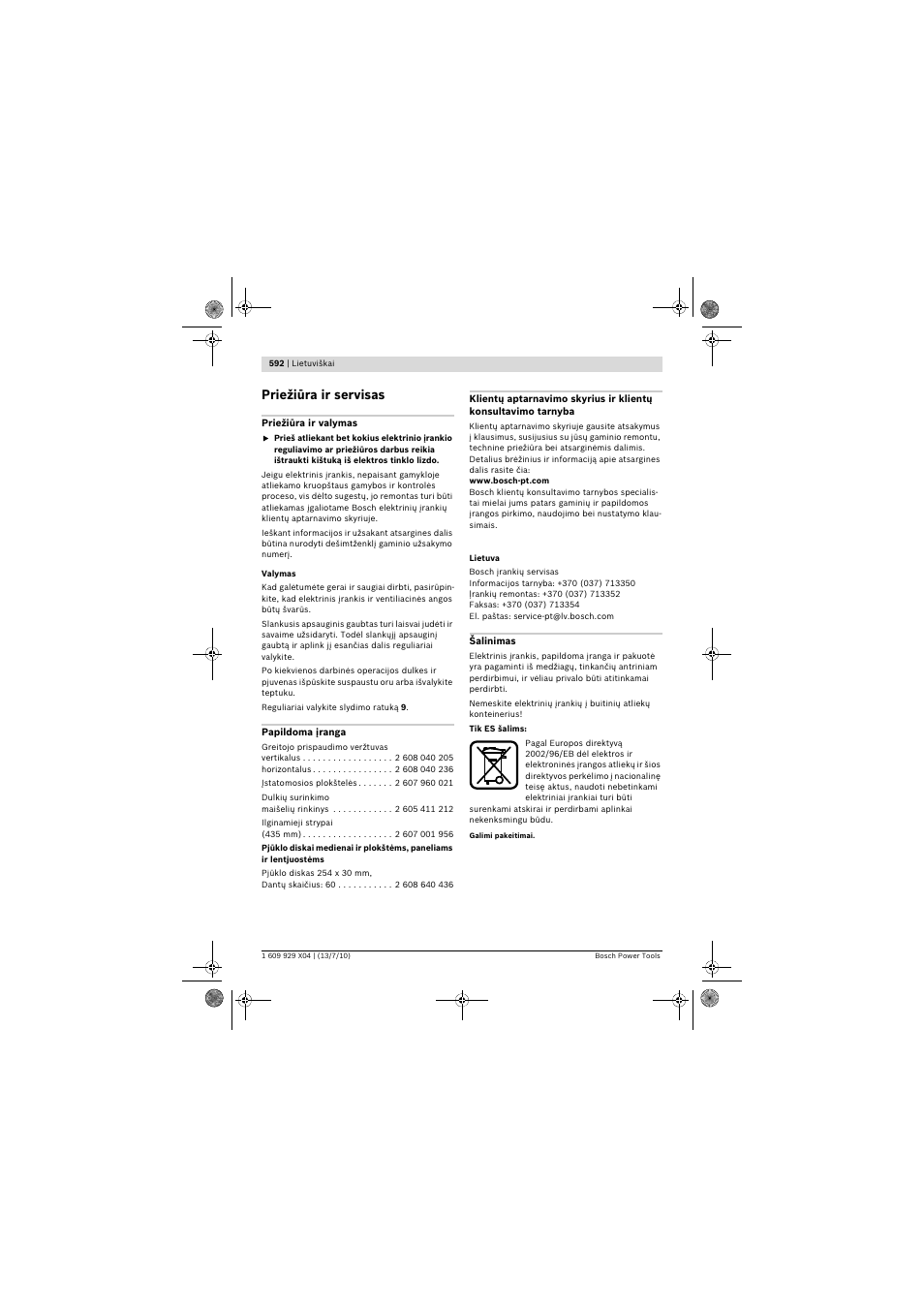 Priežiūra ir servisas | Bosch GCM 10 SD Professional User Manual | Page 592 / 630
