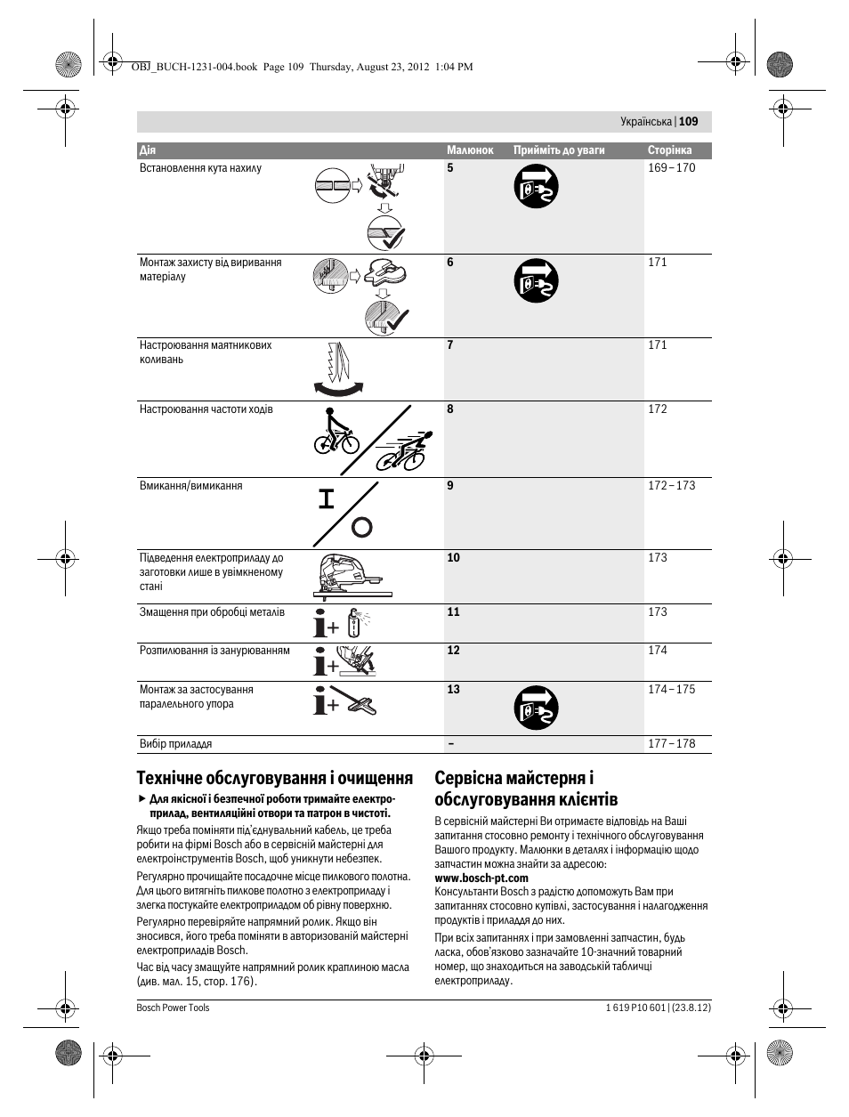 Техн³чне обслуговування ³ очищення, Cåðâ³ñía ìaécòepíÿ i обслуговування êëiºíòiâ | Bosch GST 90 E Professional User Manual | Page 109 / 178