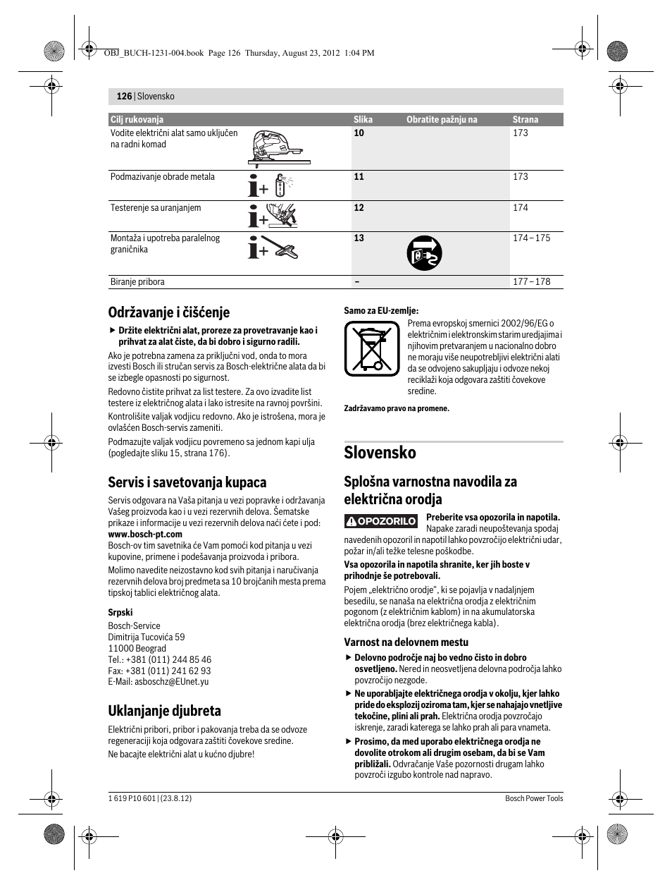 Slovensko, Održavanje i čišćenje, Servis i savetovanja kupaca | Uklanjanje djubreta, Splošna varnostna navodila za električna orodja | Bosch GST 90 E Professional User Manual | Page 126 / 178