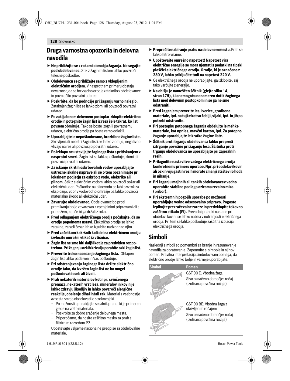 Druga varnostna opozorila in delovna navodila, Simboli | Bosch GST 90 E Professional User Manual | Page 128 / 178