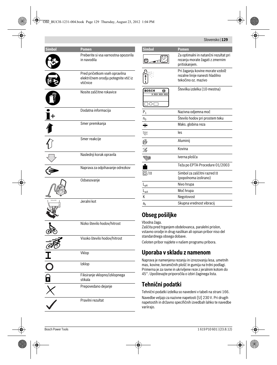Obseg pošiljke, Uporaba v skladu z namenom, Tehnični podatki | Bosch GST 90 E Professional User Manual | Page 129 / 178