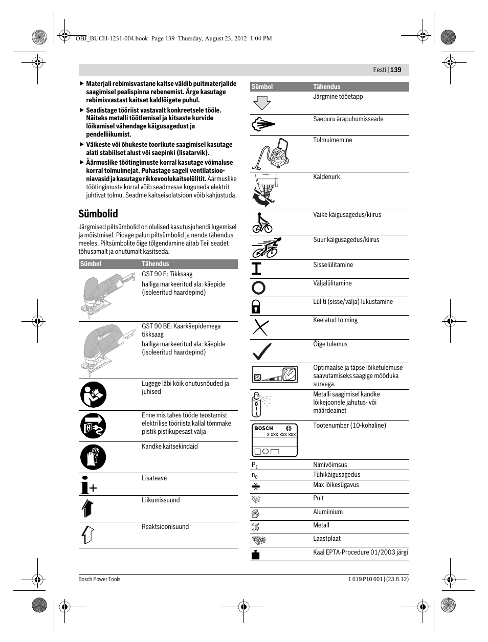 Sümbolid | Bosch GST 90 E Professional User Manual | Page 139 / 178
