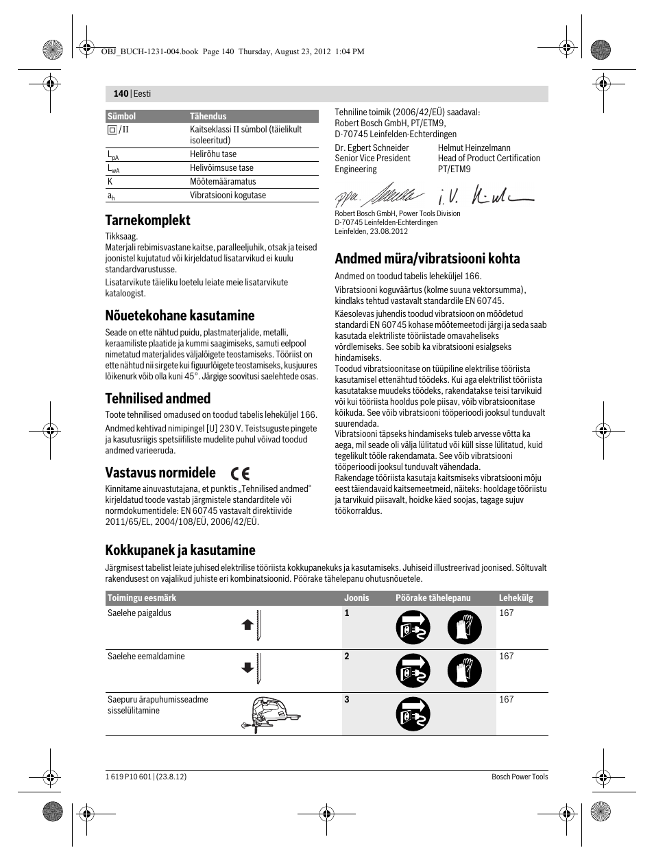 Tarnekomplekt, Nõuetekohane kasutamine, Tehnilised andmed | Vastavus normidele, Andmed müra/vibratsiooni kohta, Kokkupanek ja kasutamine | Bosch GST 90 E Professional User Manual | Page 140 / 178