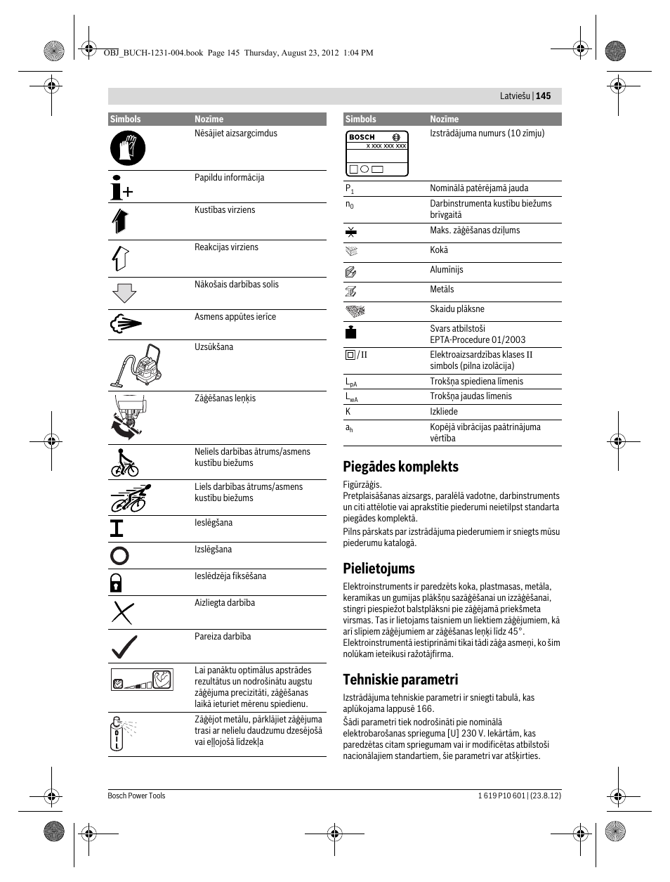 Piegādes komplekts, Pielietojums, Tehniskie parametri | Bosch GST 90 E Professional User Manual | Page 145 / 178