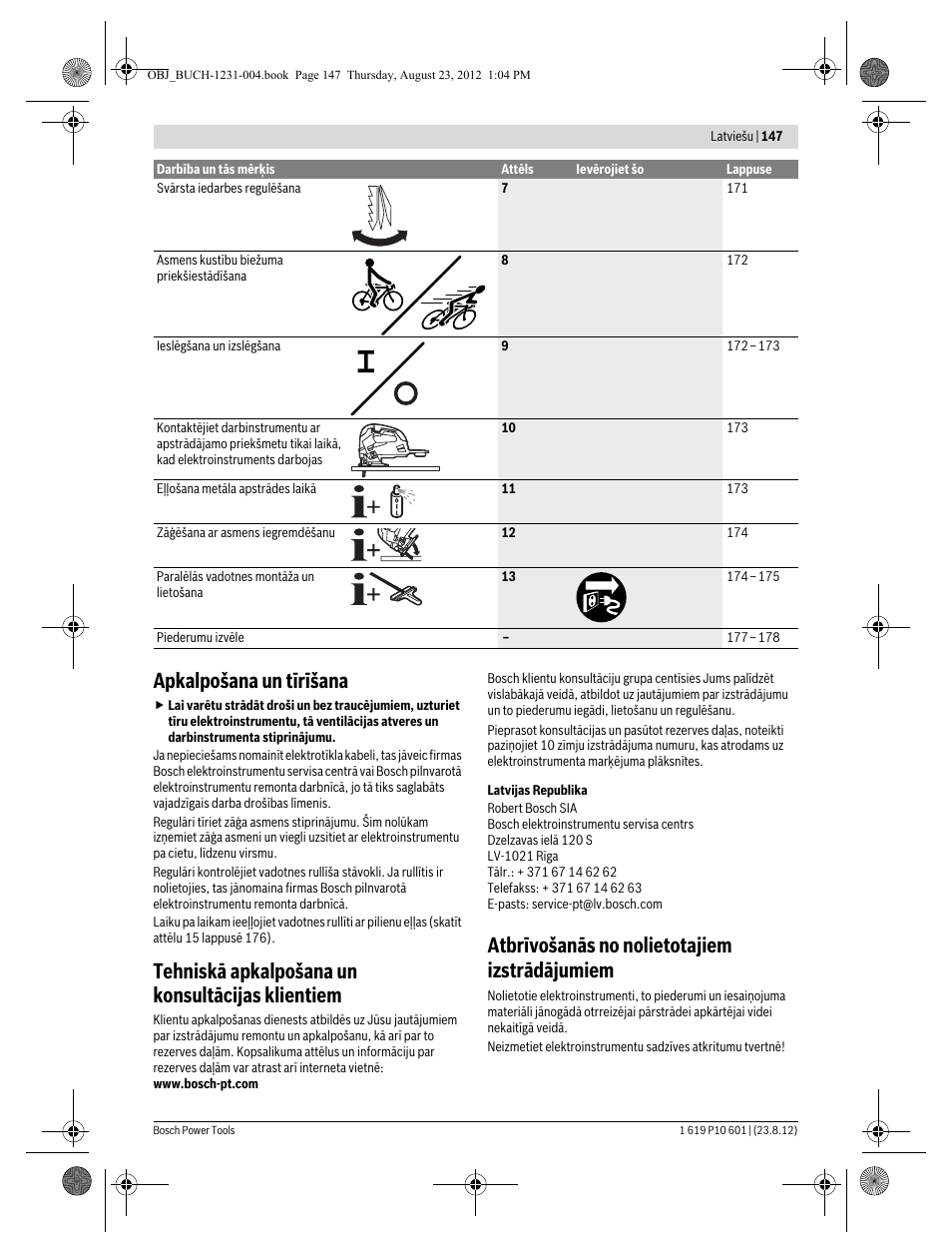 Apkalpošana un tīrīšana, Tehniskā apkalpošana un konsultācijas klientiem, Atbrīvošanās no nolietotajiem izstrādājumiem | Bosch GST 90 E Professional User Manual | Page 147 / 178