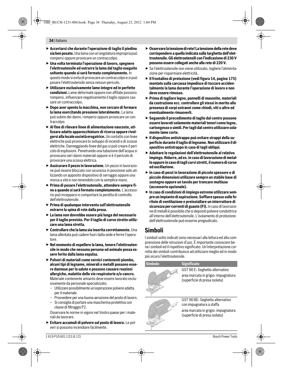 Simboli | Bosch GST 90 E Professional User Manual | Page 34 / 178