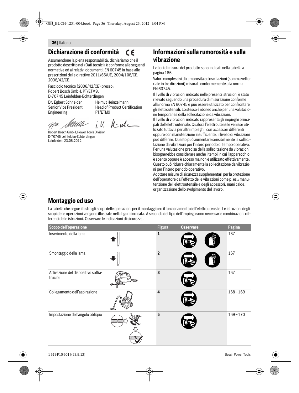 Dichiarazione di conformità, Informazioni sulla rumorosità e sulla vibrazione, Montaggio ed uso | Bosch GST 90 E Professional User Manual | Page 36 / 178