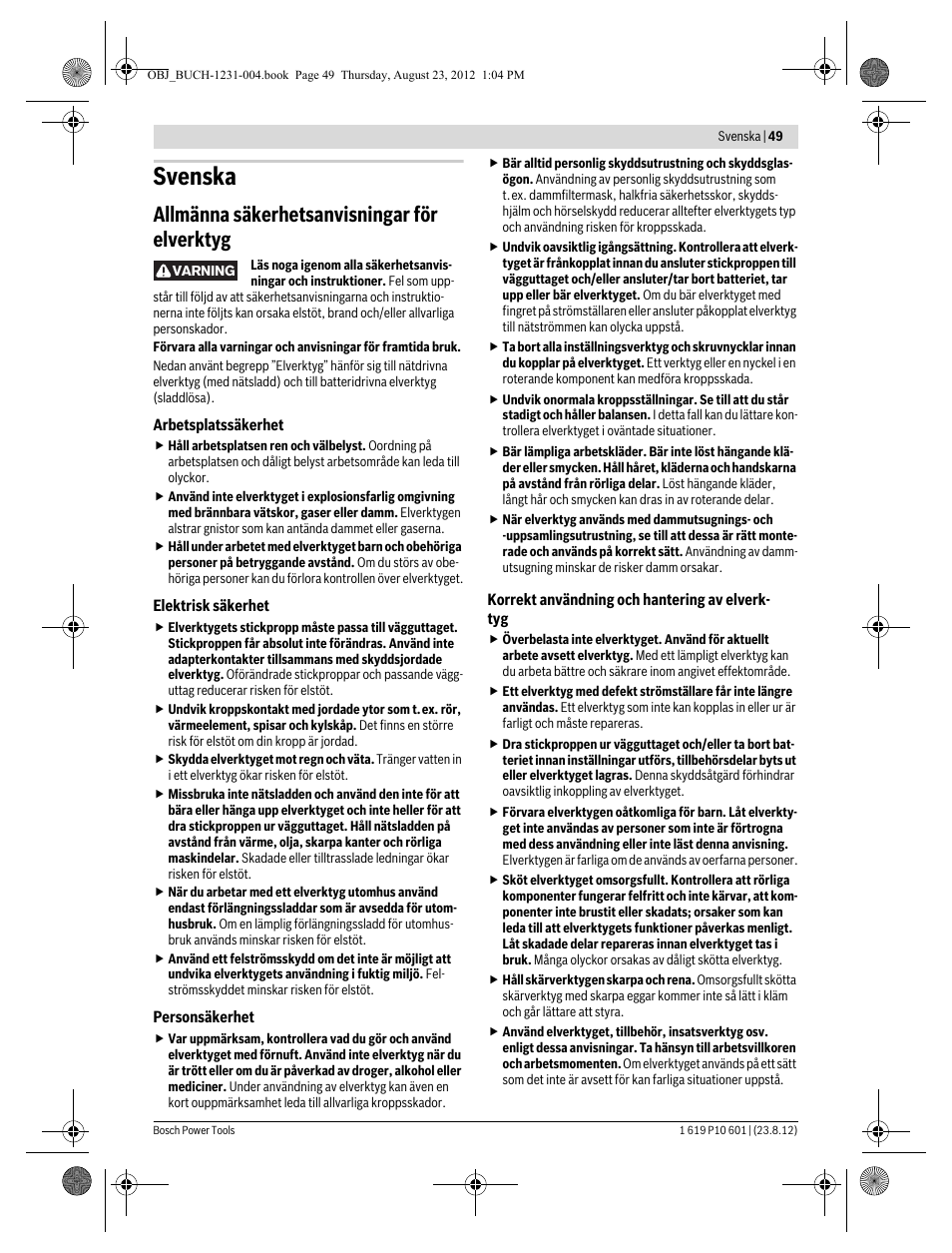 Svenska, Allmänna säkerhetsanvisningar för elverktyg | Bosch GST 90 E Professional User Manual | Page 49 / 178