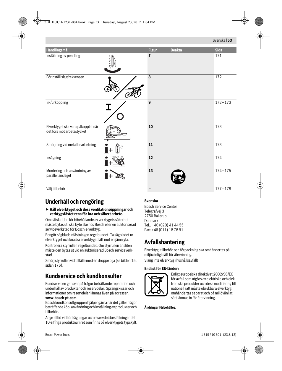 Underhåll och rengöring, Kundservice och kundkonsulter, Avfallshantering | Bosch GST 90 E Professional User Manual | Page 53 / 178