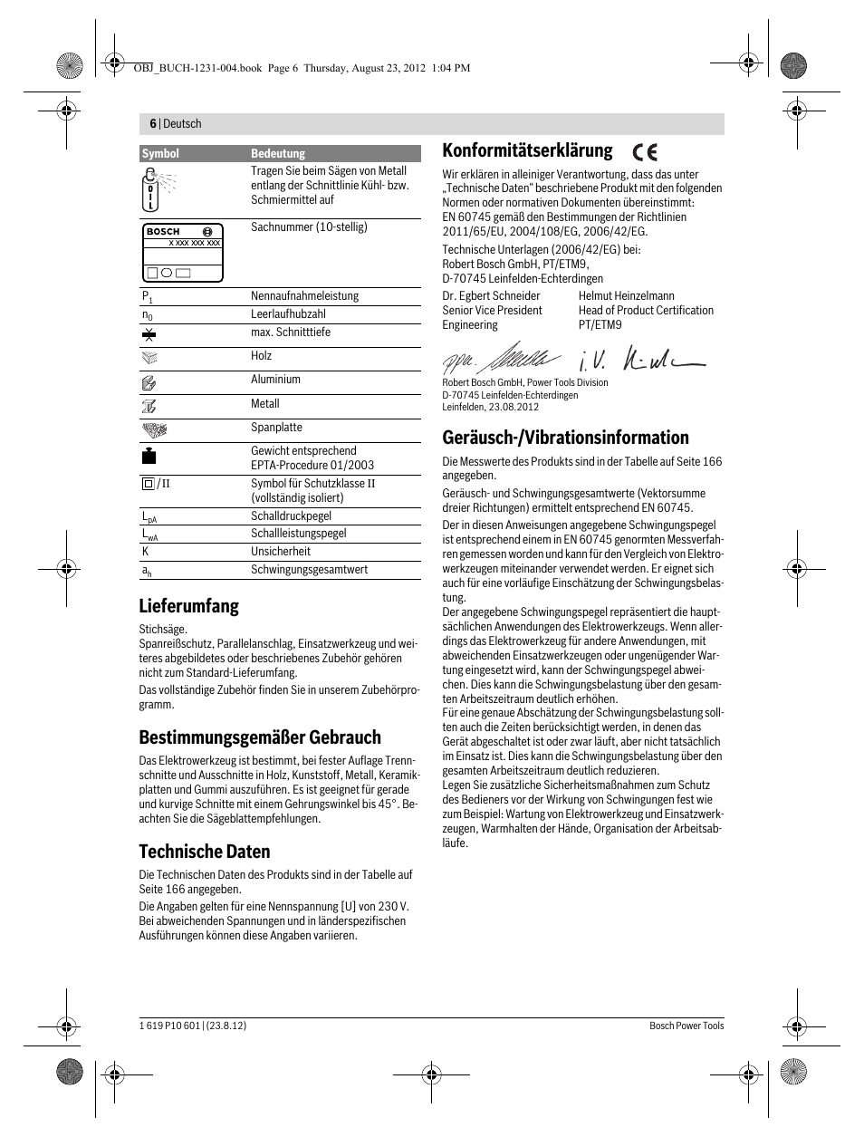 Lieferumfang, Bestimmungsgemäßer gebrauch, Technische daten | Konformitätserklärung, Geräusch-/vibrationsinformation | Bosch GST 90 E Professional User Manual | Page 6 / 178