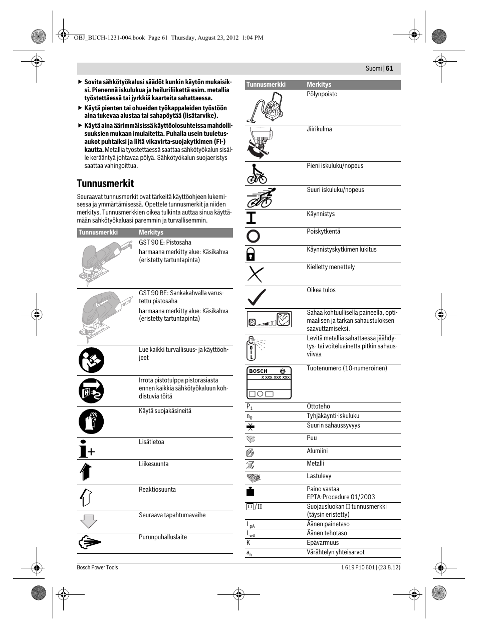 Tunnusmerkit | Bosch GST 90 E Professional User Manual | Page 61 / 178
