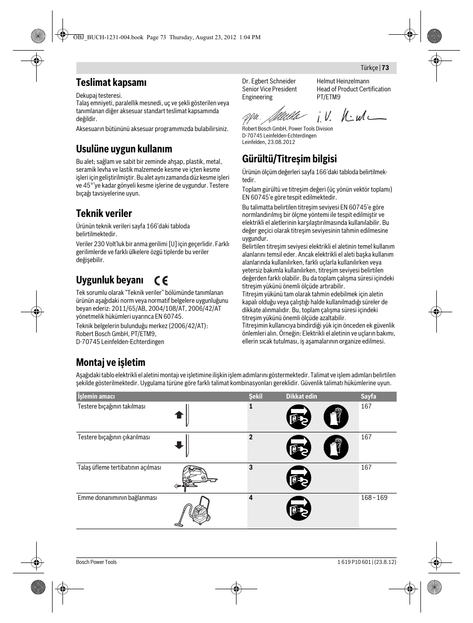 Teslimat kapsam, Usulüne uygun kullan m, Teknik veriler | Uygunluk beyan, Gürültü/titreşim bilgisi, Montaj ve işletim | Bosch GST 90 E Professional User Manual | Page 73 / 178