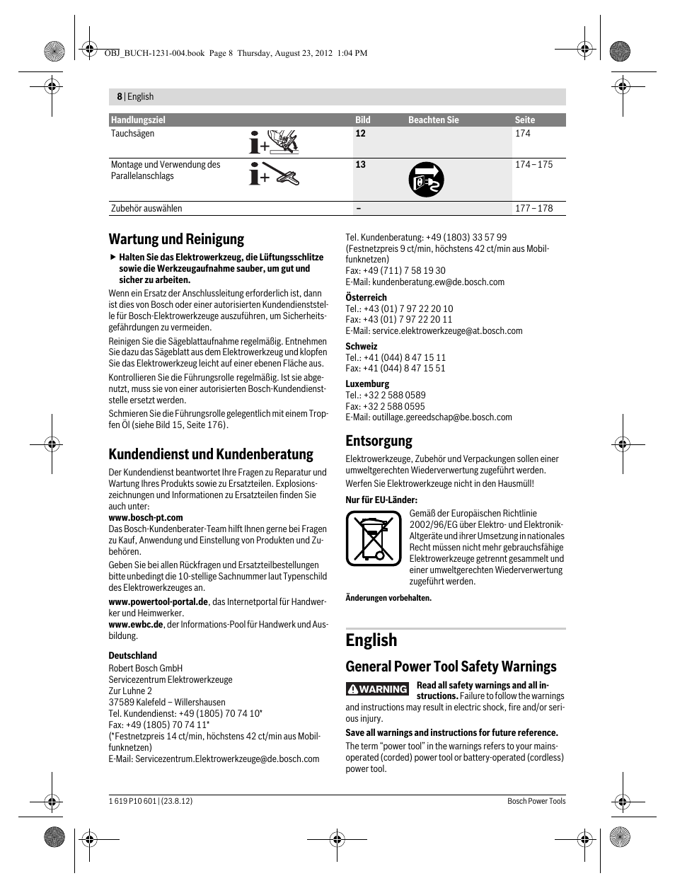 English, Wartung und reinigung, Kundendienst und kundenberatung | Entsorgung, General power tool safety warnings | Bosch GST 90 E Professional User Manual | Page 8 / 178