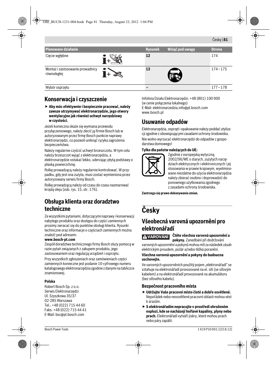 Česky, Konserwacja i czyszczenie, Obsługa klienta oraz doradztwo techniczne | Usuwanie odpadów, Všeobecná varovná upozornění pro elektronářadí | Bosch GST 90 E Professional User Manual | Page 81 / 178