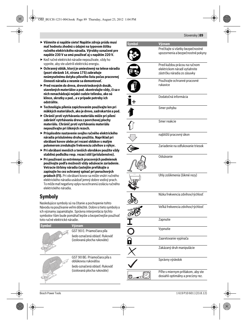 Symboly | Bosch GST 90 E Professional User Manual | Page 89 / 178