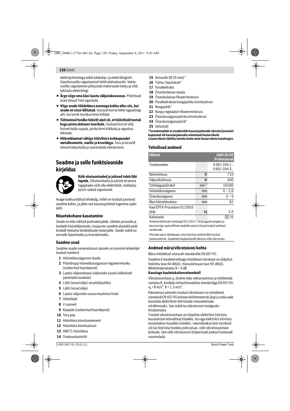 Seadme ja selle funktsioonide kirjeldus | Bosch GHO 26-82 Professional User Manual | Page 128 / 142