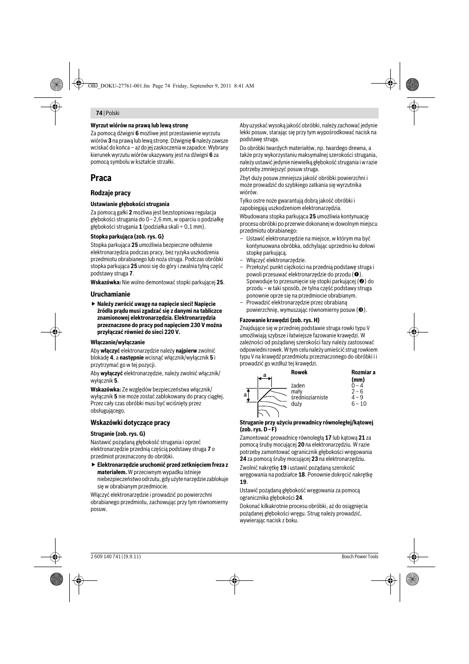 Praca | Bosch GHO 26-82 Professional User Manual | Page 74 / 142