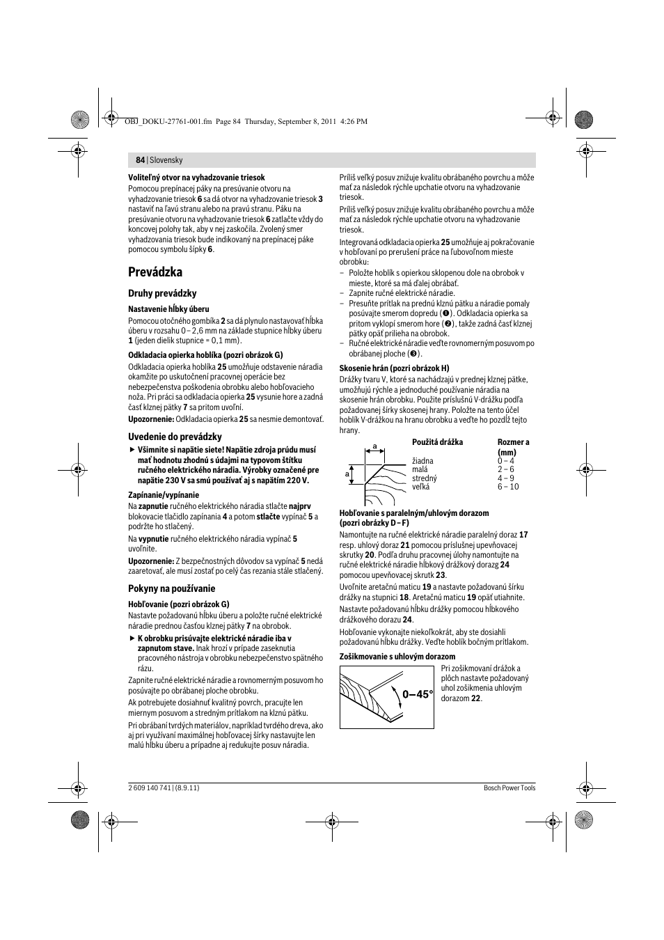 Prevádzka | Bosch GHO 26-82 Professional User Manual | Page 84 / 142