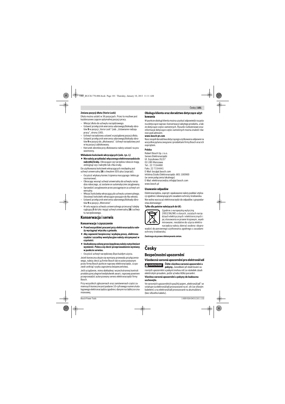 Česky, Konserwacja i serwis, Bezpečnostní upozornění | Bosch GBH 3-28 DRE Professional User Manual | Page 101 / 207