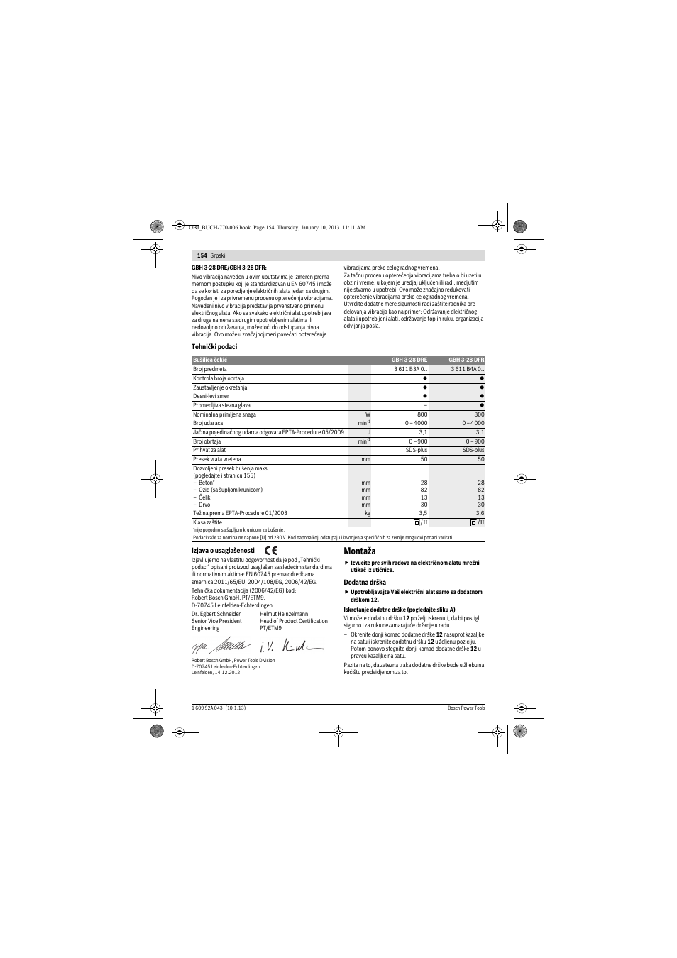 Montaža | Bosch GBH 3-28 DRE Professional User Manual | Page 154 / 207