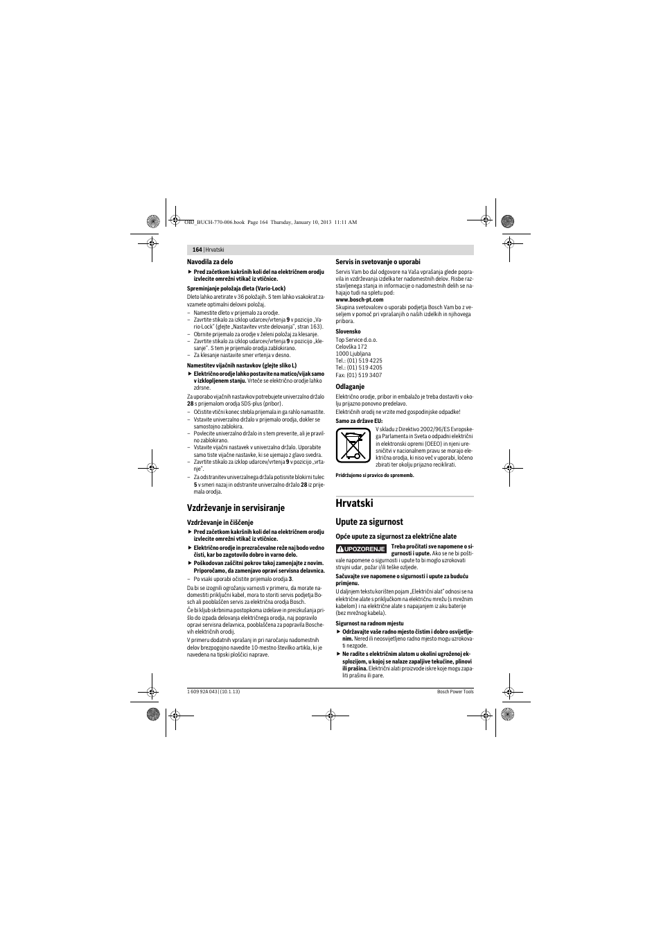 Hrvatski, Vzdrževanje in servisiranje, Upute za sigurnost | Bosch GBH 3-28 DRE Professional User Manual | Page 164 / 207