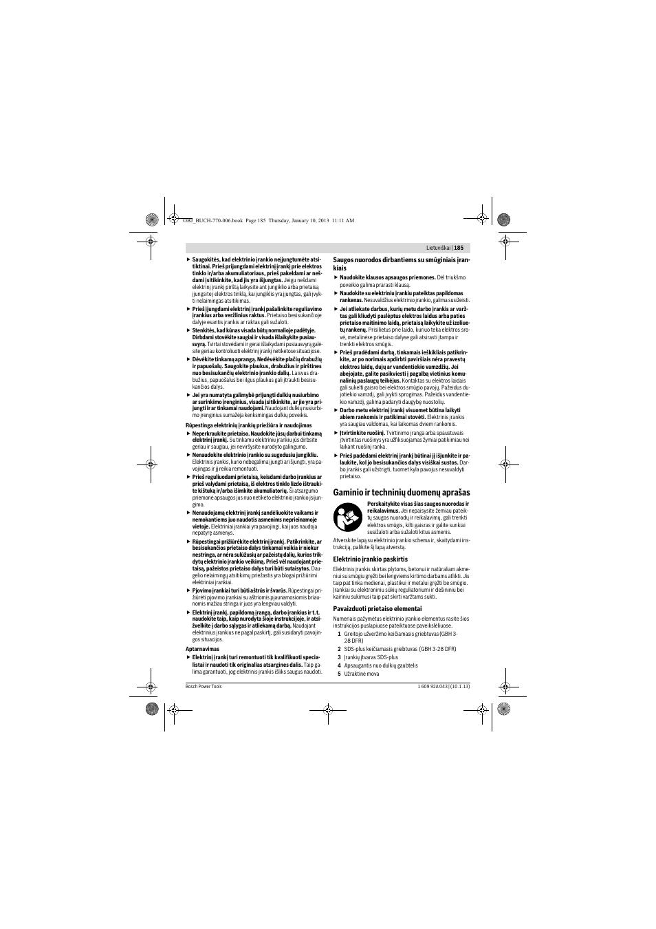 Gaminio ir techninių duomenų aprašas | Bosch GBH 3-28 DRE Professional User Manual | Page 185 / 207