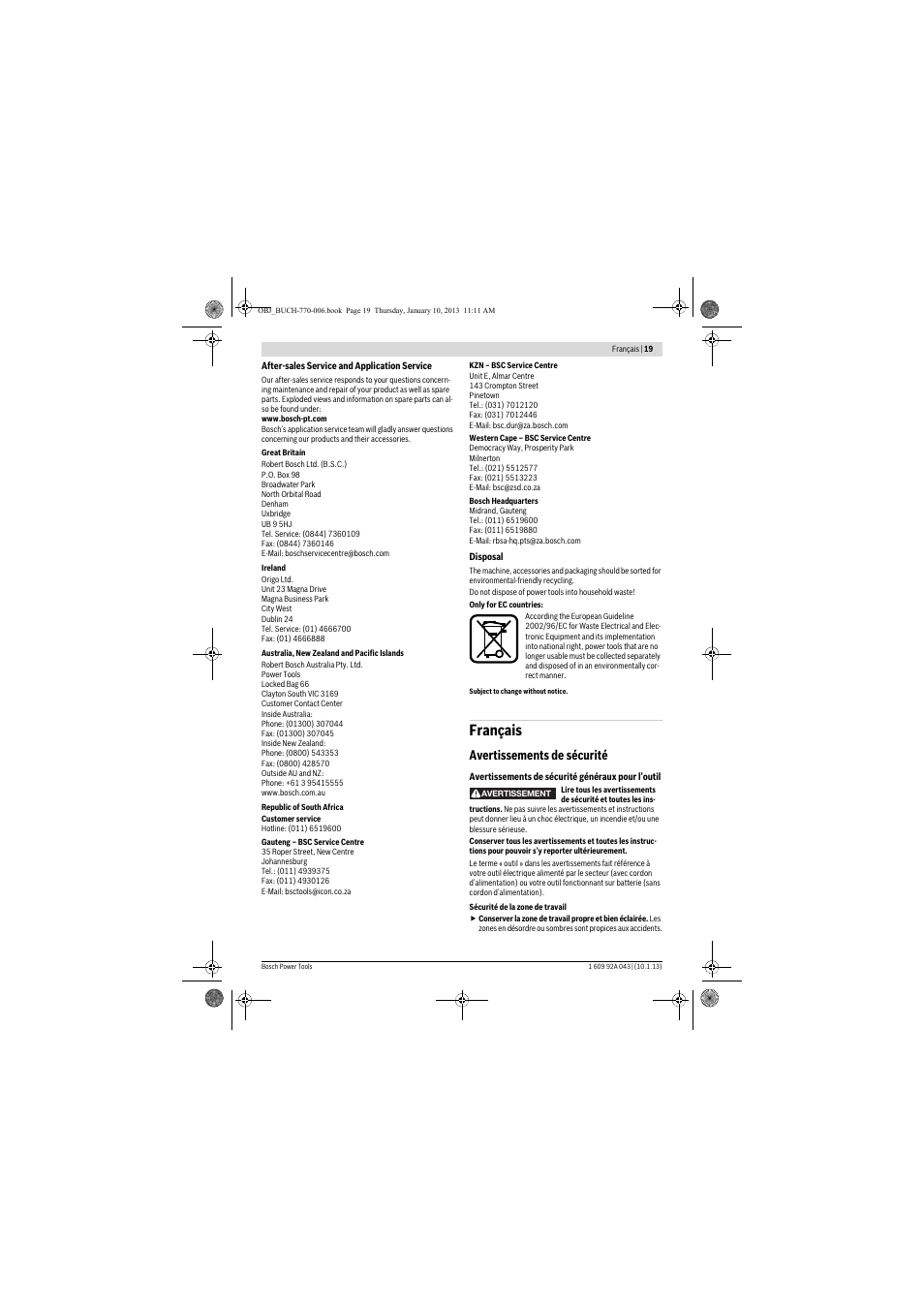 Français, Avertissements de sécurité | Bosch GBH 3-28 DRE Professional User Manual | Page 19 / 207