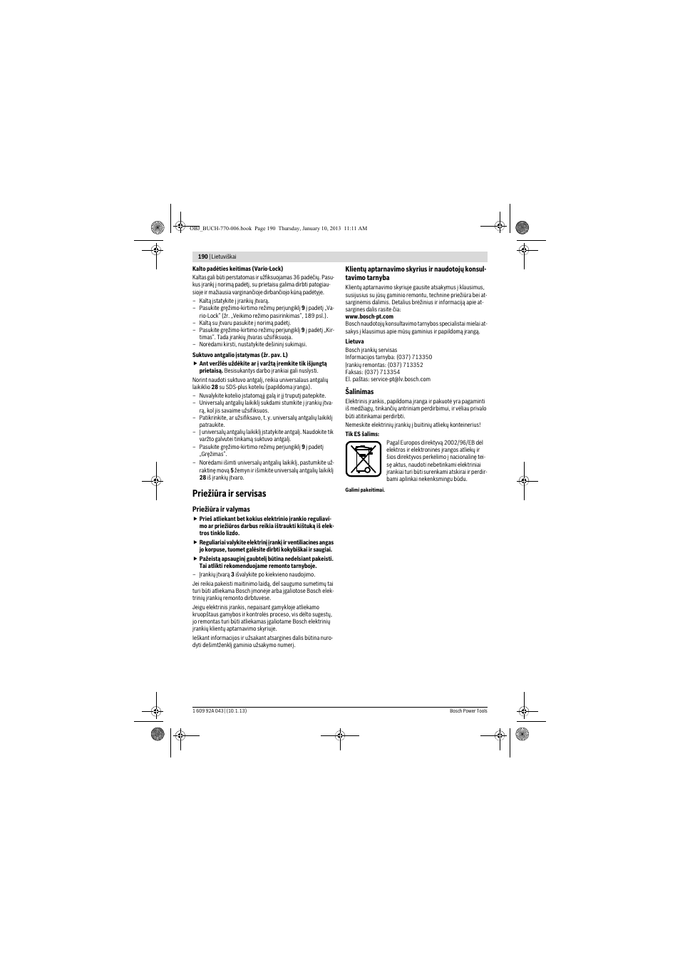 Priežiūra ir servisas | Bosch GBH 3-28 DRE Professional User Manual | Page 190 / 207